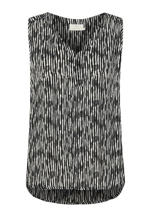 Top fără mâneci, alb-negru, cu un model vertical de dungi, decolteu în formă de V și margine curbată. Fabricat din material ușor.