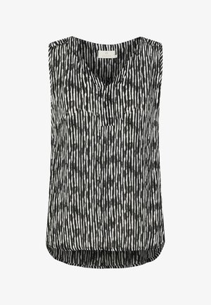 Top senza maniche in bianco e nero, con un motivo verticale a righe, scollatura a v e orlo curvo. Realizzato in tessuto leggero.