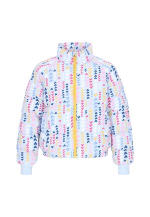 Jachetă căptușită cu guler înalt, bază de culoare albastru deschis, având modele de inimioare multicolore și un fermoar frontal galben. Manșete elastice.