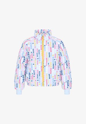 Giacca imbottita con colletto alto, base azzurro chiaro, caratterizzata da modelli di cuori multicolori e una cerniera frontale gialla. Polsini elasticizzati.