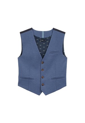 Gilet bleu pour homme avec boutons foncés, doublure intérieure à motifs et trois poches avant, posé à plat sur fond blanc.