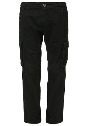 Pantalon cargo noir à jambes droites avec fermeture à boutons, passants pour ceinture et multiples poches à rabat sur les cuisses et les côtés.