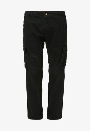 Pantalones cargo negros de pierna recta con cierre de botón, trabillas para cinturón y múltiples bolsillos con solapa en los muslos y los costados.