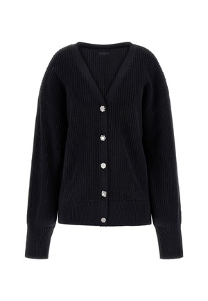 Sort strikjakke med V-hals, lange oversized ærmer og fem dekorative knapper. Struktureret ribbet materiale og tætsiddende kant.