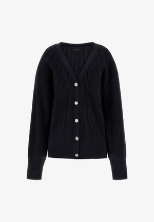 Cardigan noir tricoté avec un col en V, de longues manches oversized et cinq boutons décoratifs. Matériau texturé à côtes et ourlet ajusté.