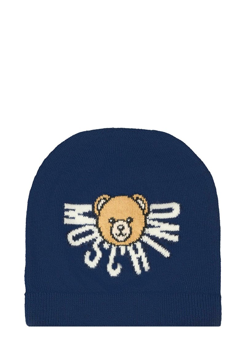 Beanie in maglia blu navy con un grande design di un orso giallo al centro, dettagli bianchi e testo, tessuto morbido e vestibilità aderente.