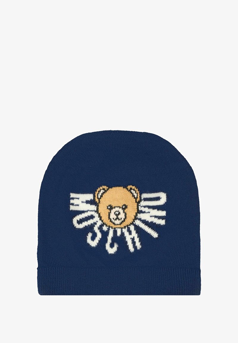 Beanie in maglia blu navy con un grande design di un orso giallo al centro, dettagli bianchi e testo, tessuto morbido e vestibilità aderente.