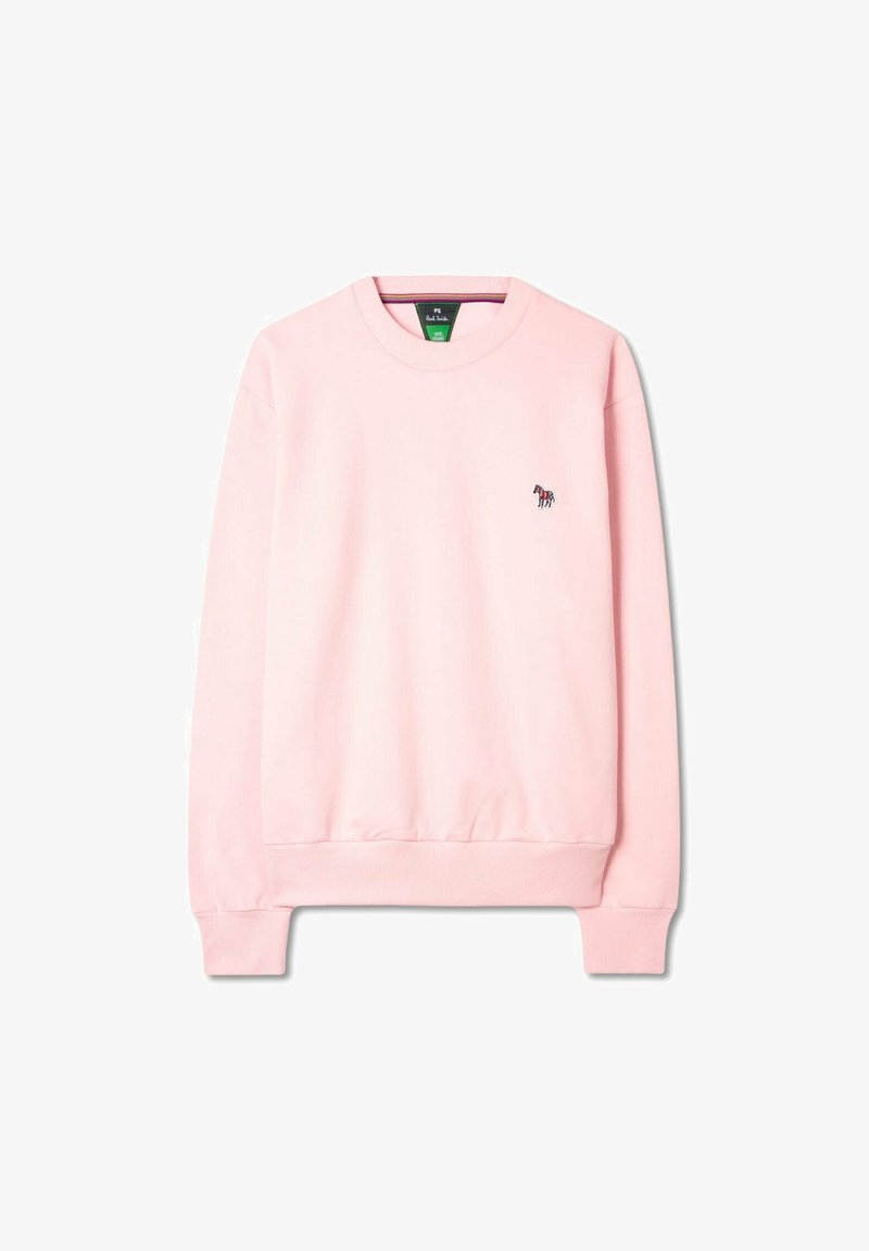 Sweat-shirt rose clair à manches longues avec poignets et ourlet côtelés, avec un petit logo zèbre brodé sur le côté gauche de la poitrine.