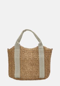 Bolsa de mano de paja tejida con asas de tela suave; presenta una forma redondeada, color beige y una superficie texturizada con un patrón natural.