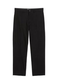 Pantalons noirs en tissu extensible, dotés de deux poches latérales, d'une fermeture à bouton sur le devant et d'un design lisse et uni.