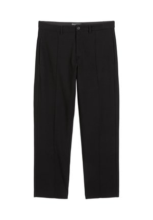 Pantalons noirs en tissu extensible, dotés de deux poches latérales, d'une fermeture à bouton sur le devant et d'un design lisse et uni.