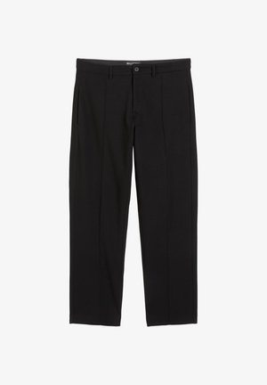 Zwarte broeken van een rekbare stof, met twee zijzakken, een voorknoopsluiting en een glad, effen ontwerp.