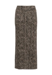 Jupe longue droite avec un motif zèbre noir et beige et deux poches arrière, sur fond blanc.