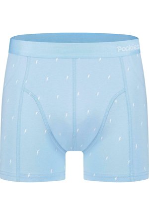 Lys blå boksershorts laget av myk stoff, med et mønster av små hvite lyn, og en komfortabel linning.