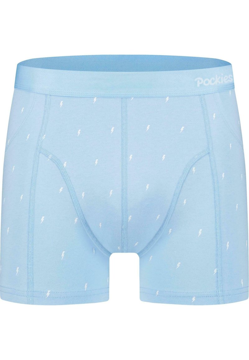 Jasnoniebieskie bokserki wykonane z miękkiego materiału, z wzorem małych białych błyskawic, z wygodnym paskiem w talii.
