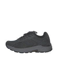 Chaussure de sport noire avec semelle grise, design à lacets et détails de panneaux cousus, présentée en profil latéral sur fond blanc.