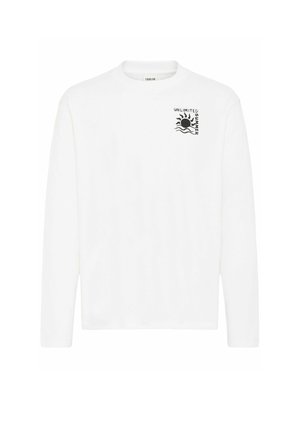 Vit långärmad t-shirt i bomull, med ett grafiskt tryck med "UNLIMITED SUMMER" och en design av en sol och våg på vänstra bröstet.