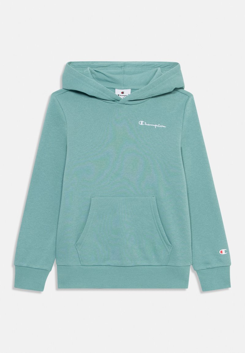 Felpa leggera color teal realizzata in morbido tessuto, con tasca frontale, polsini a coste e un piccolo logo ricamato sul petto.