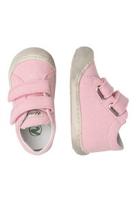 Pink canvas shoes with two Velcro straps, rounded toe, and rubber soles. Textured upper with contrasting white sole detail.