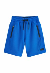 Shorts sportivi blu con cintura regolabile, polsini elasticizzati e due tasche laterali con zip, realizzati in un tessuto morbido e liscio.