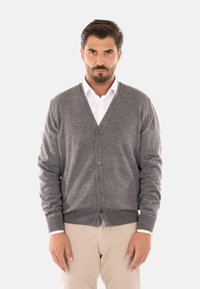 Cardigan in lana grigia con scollo a V, bottoni frontali e polsini a coste. Indossato su una camicia bianca con colletto, presenta una texture liscia.
