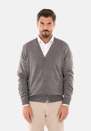 Cardigan in lana grigia con scollo a V, bottoni frontali e polsini a coste. Indossato su una camicia bianca con colletto, presenta una texture liscia.