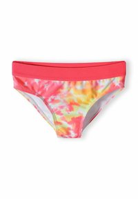 Plavatiški spodnji del je izdelan iz raztegljivega materiala z roza elastičnim pasom, ki prikazuje barvit tie-dye vzorec v roza, rumeni in oranžni barvi.