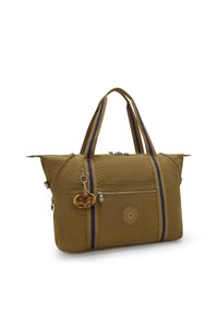 Sac fourre-tout en nylon vert olive avec deux bandes bleues, une poche zippée à l'avant et un porte-clés en forme de singe. Poignée renforcée pour plus de durabilité.