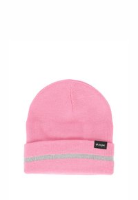 Roze gebreide beanie met een omgeslagen rand, met een lichtgrijze horizontale streep en een klein zwart stoffen label met een logo.