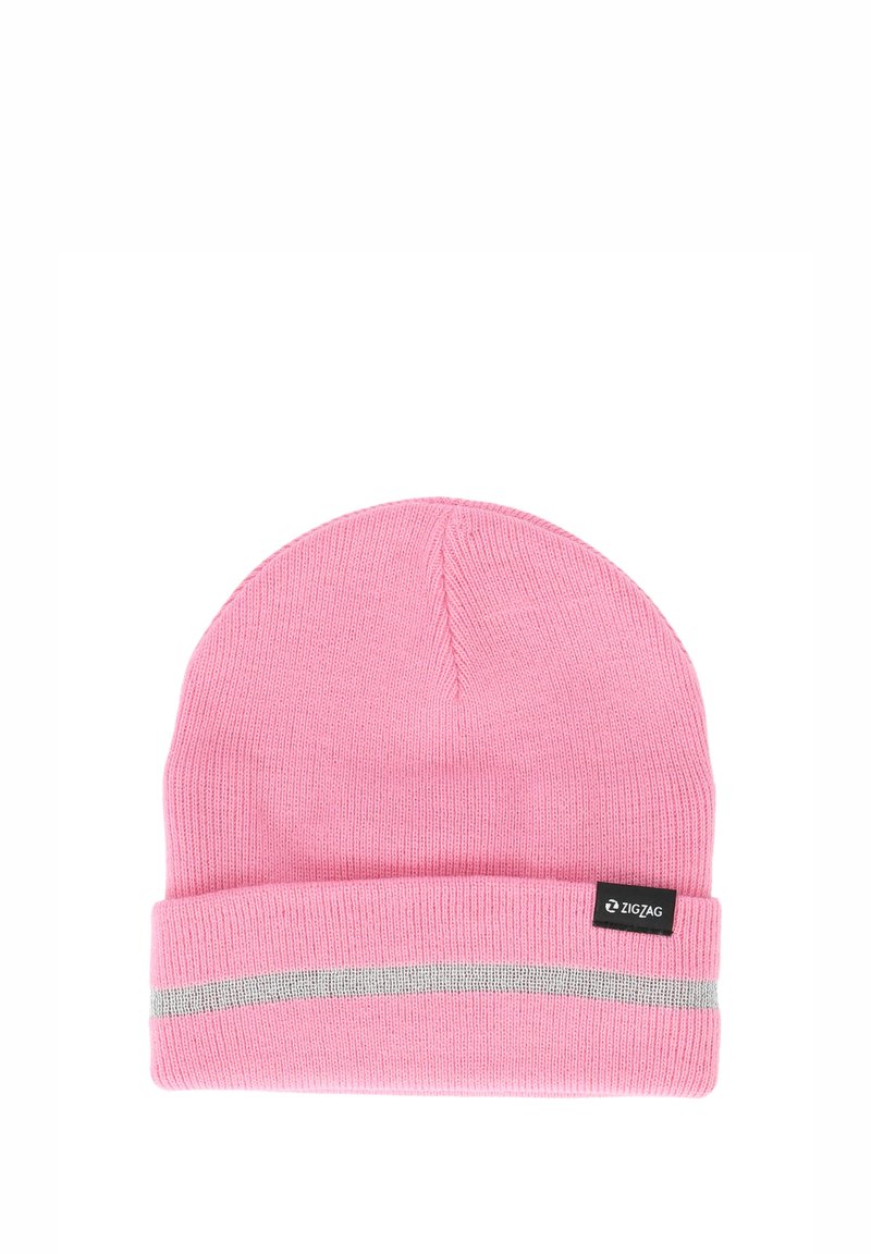 Roze gebreide beanie met een omgeslagen rand, met een lichtgrijze horizontale streep en een klein zwart stoffen label met een logo.