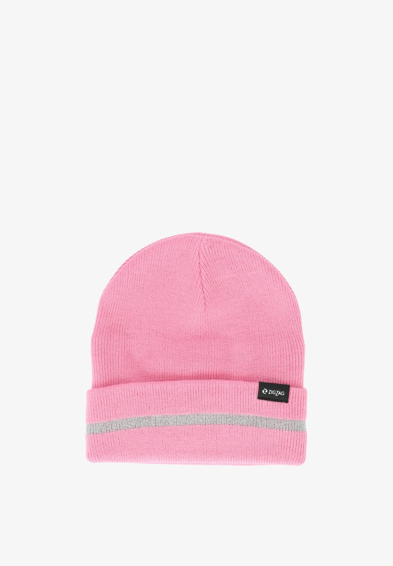 Roze gebreide beanie met een omgeslagen rand, met een lichtgrijze horizontale streep en een klein zwart stoffen label met een logo.