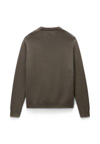 Olivengrüner Strickpullover mit Rundhalsausschnitt, gerippten Bündchen und Saum. Verfügt über ein strukturiertes Muster und eine klassische, lockere Passform.