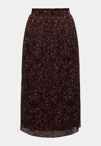 Jupe midi plissée noire avec petit imprimé floral rouge et gris et taille cintrée.