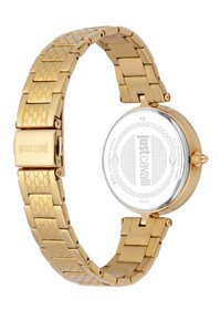 Reloj de acero inoxidable dorado con una correa de patrón hexagonal, caja redonda y parte trasera transparente con la marca "Just Cavalli".