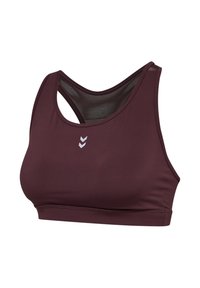 Vinrød sports-bh med glat tekstur, racerback-design og et netpanel. Har en reflekterende logo i midten foran.