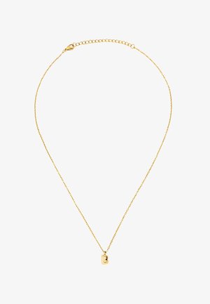 Collana delicata a catena d'oro con un piccolo ciondolo a forma di lettera "B" in oro e chiusura a moschettone con catena di prolunga.