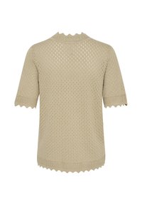 Hellbeige gestricktes Kurzarmoberteil mit einem strukturierten Netzmuster und gewellten Kanten an den Ärmeln und dem Saum.