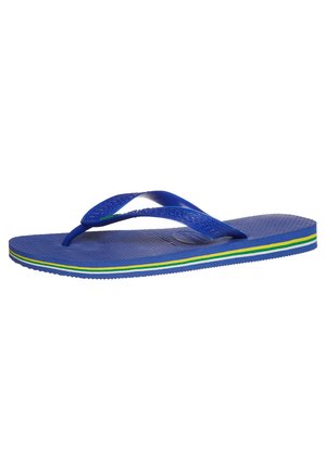 Infradito in gomma blu con fondo testurizzato, dotate di cinturini blu e suola striata verde e gialla. Design leggero per un'uso casual.