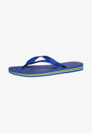 Infradito in gomma blu con fondo testurizzato, dotate di cinturini blu e suola striata verde e gialla. Design leggero per un'uso casual.