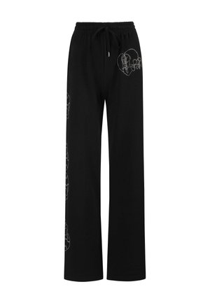 Black wide-leg pants made from soft fabric, featuring a drawstring waist and white outlined designs on the sides and upper left thigh.