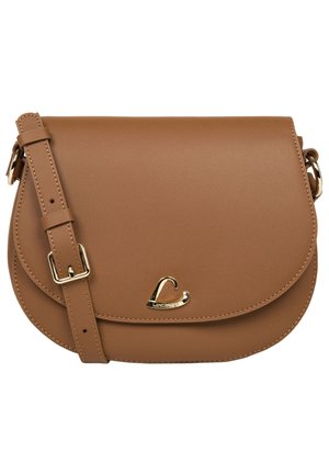Brown faux leather crossbody bag with a curved flap, gold-tone hardware, and adjustable strap. Features a logo accent on the front.