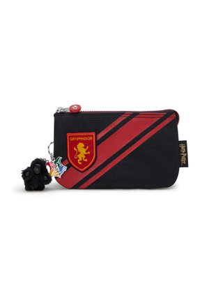 Black zippered pouch with red stripes, Gryffindor emblem, and a charm of a black creature. Fabric material, smooth texture, compact shape.