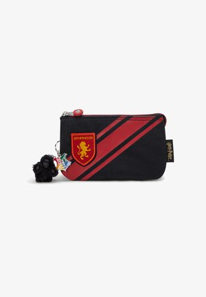Black zippered pouch with red stripes, Gryffindor emblem, and a charm of a black creature. Fabric material, smooth texture, compact shape.