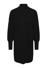 Robe pull noire à col montant avec de longues manches bouffantes et des poignet côtelés. Texture lisse avec une coupe décontractée et un design longueur genoux.