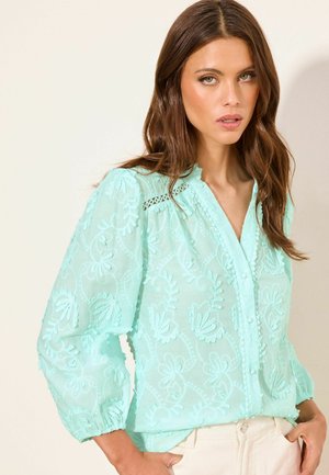 Kobieta z długimi brązowymi włosami, ubrana w przezroczystą, jasnoturkusową bluzkę z kwiatowym haftem i białe spodnie, pozująca na jednolitym tle.