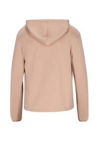 Hættebluse i lys beige med en enkel, glat tekstur, lange ærmer og en afrundet kant uden synlig branding eller mønstre.