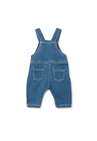 Blauwe denim tuinbroek met verstelbare banden, twee achterzakken en een ontspannen pasvorm. Kenmerkt zich door rechte pijpen en stevige stiksels.