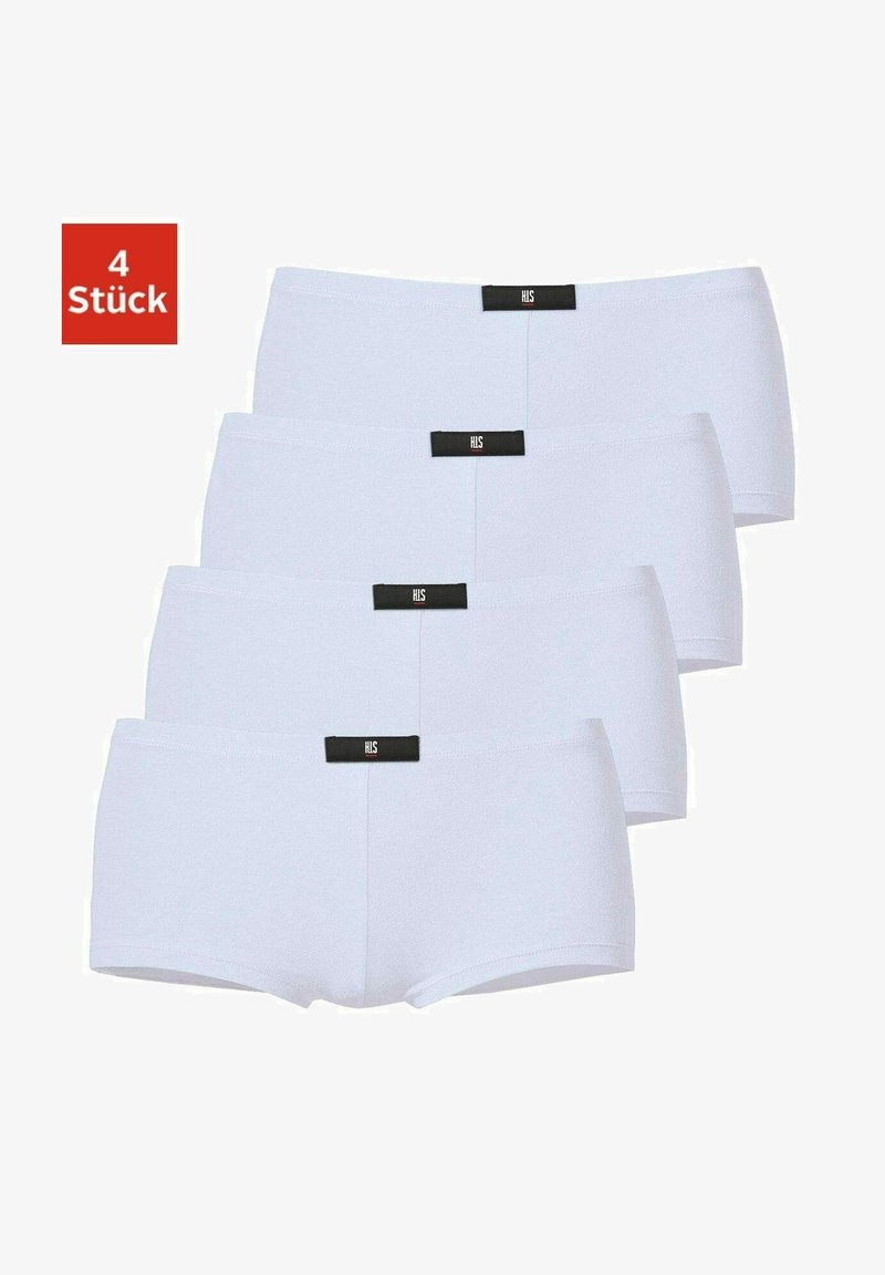 Four pairs of white cotton hipster shorts, featuring a black logo waistband and a smooth, seamless design with no visible patterns.