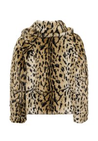 Veste en fausse fourrure à motif léopard, avec un col montant, des manches longues et une texture douce en beige et noir.