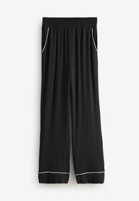 Fekete, bőszárú nadrág puha anyagból, elasztikus derékpánttal, oldalzsebekkel és fehér szegélyes díszítéssel az alján.